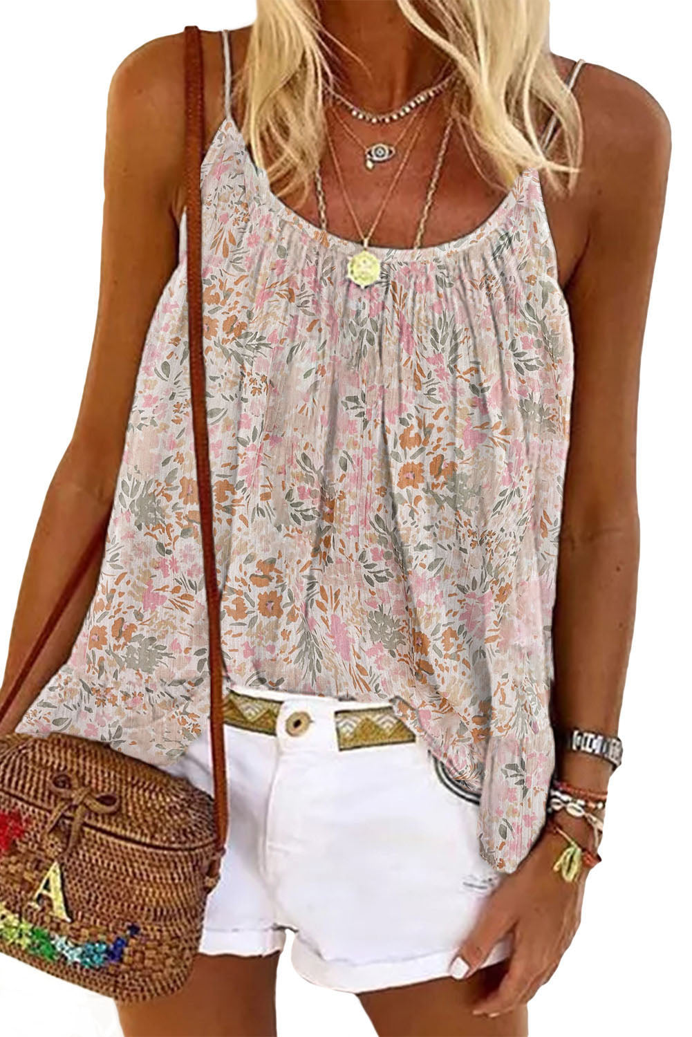 White Boho Floral Print Spaghetti Straps Tank Top