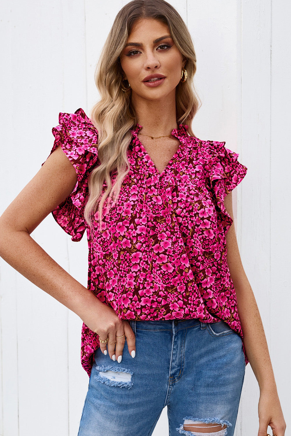 Khaki Floral Print Tiered Flutter Sleeve V Neck Top
