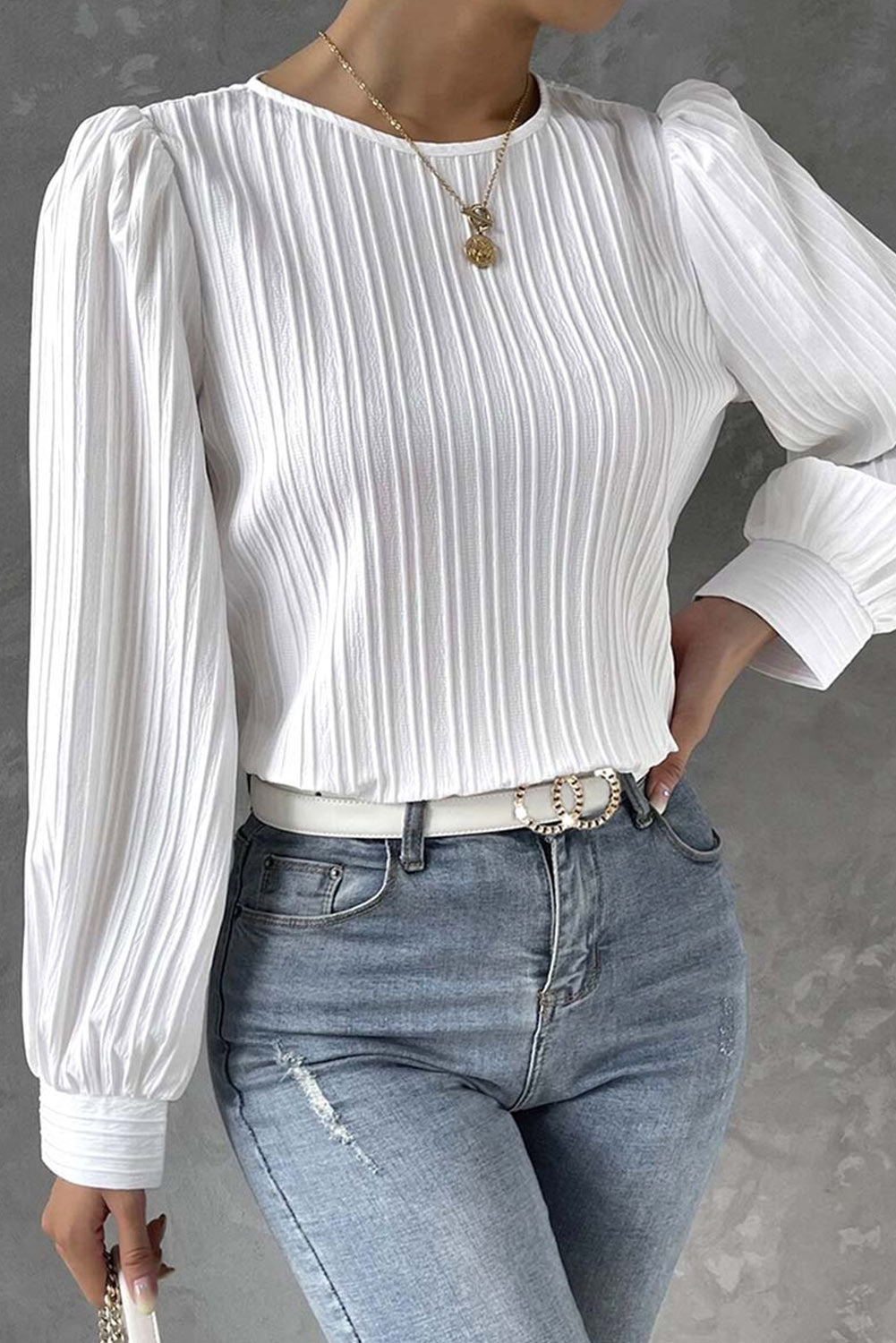 White Ribbed Crewneck Puff Long Sleeve Top