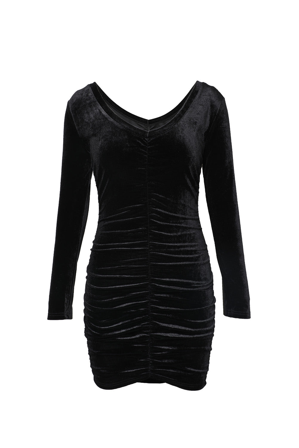 Black Long Sleeve Ruched Velvet Dress