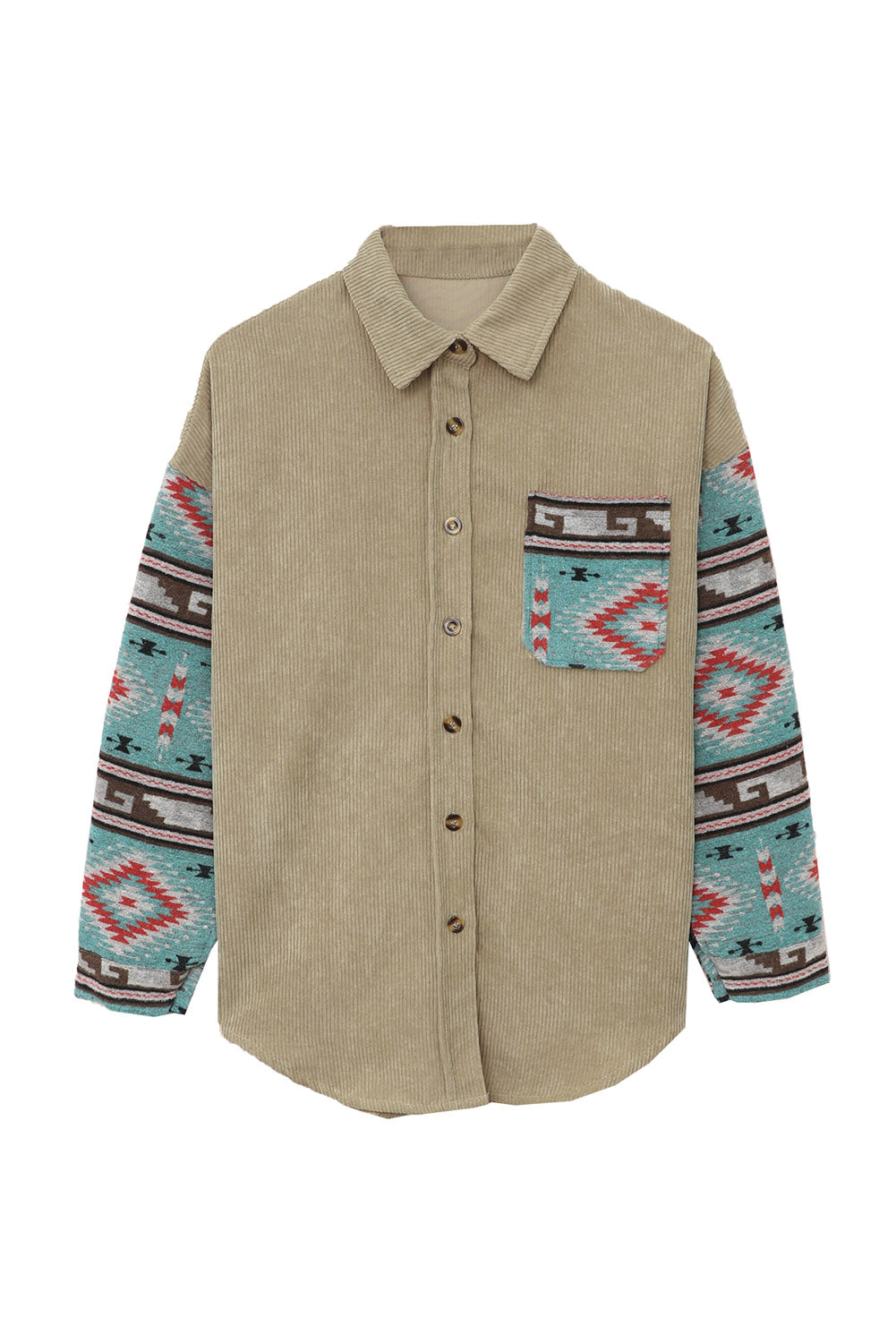 Gray  Aztec Pattern Sleeve Pocketed Corduroy Shacket