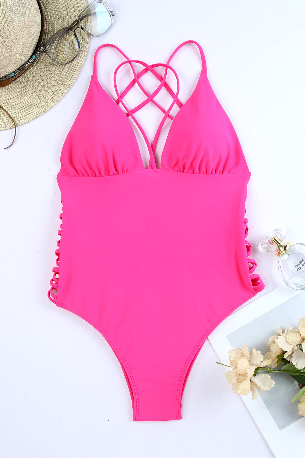 Rose Criss Cross Backless Deep V Neck One Piece Swimsuit