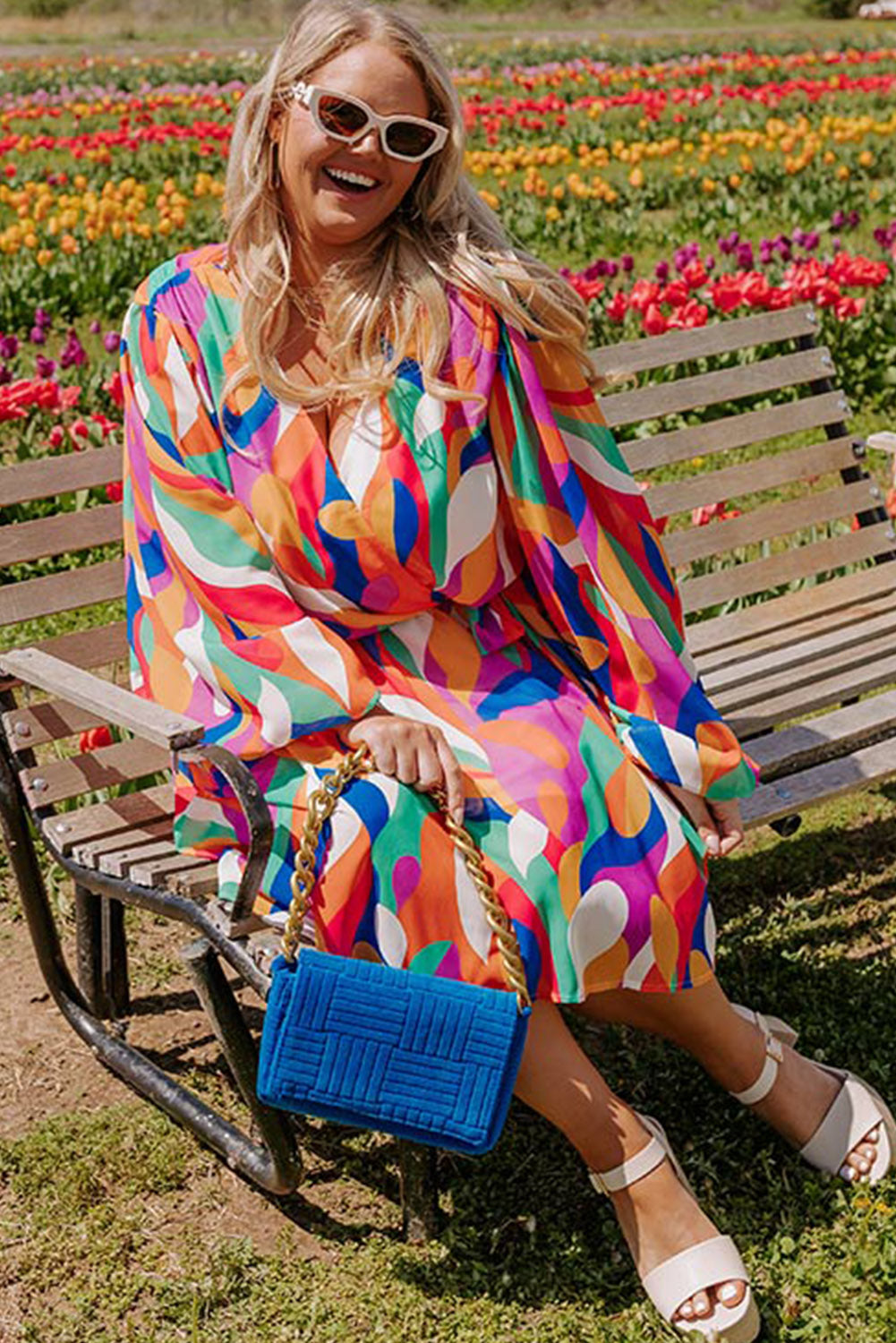 Multicolor Plus Size Abstract Print Oversized Sleeve Belted Dress