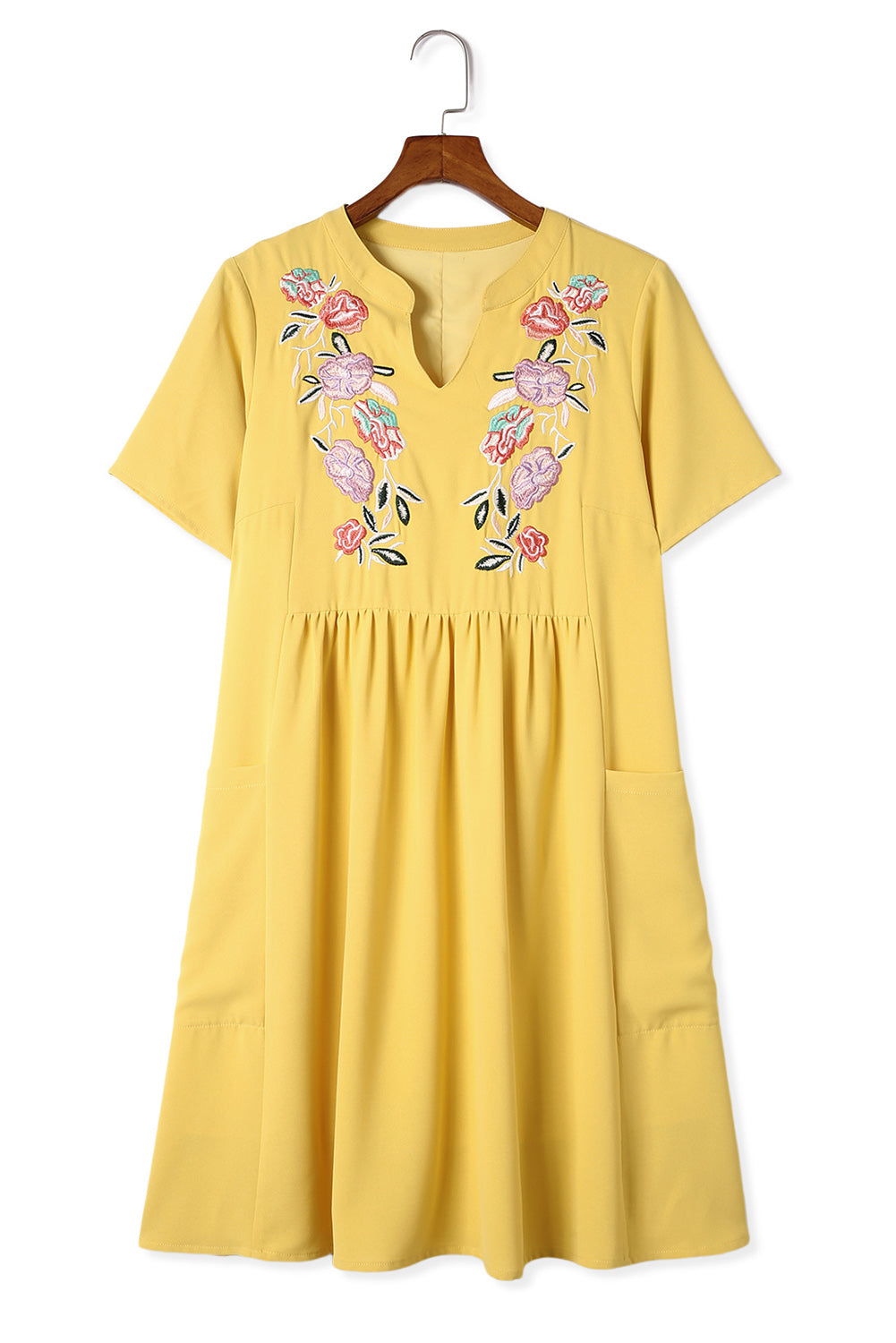 Yellow Split Neck Embroidered Floral Babydoll Swing Dress