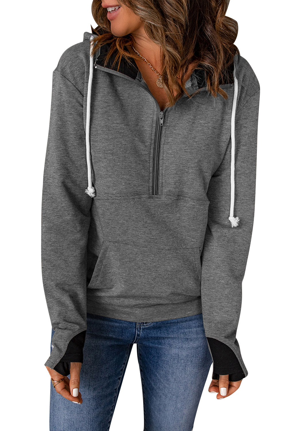 Gray Half Zip Pocketed Thumbhole Sleeve Hoodie