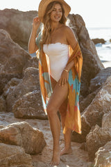 Brown Abstract Print Open Front Kimono with Slits