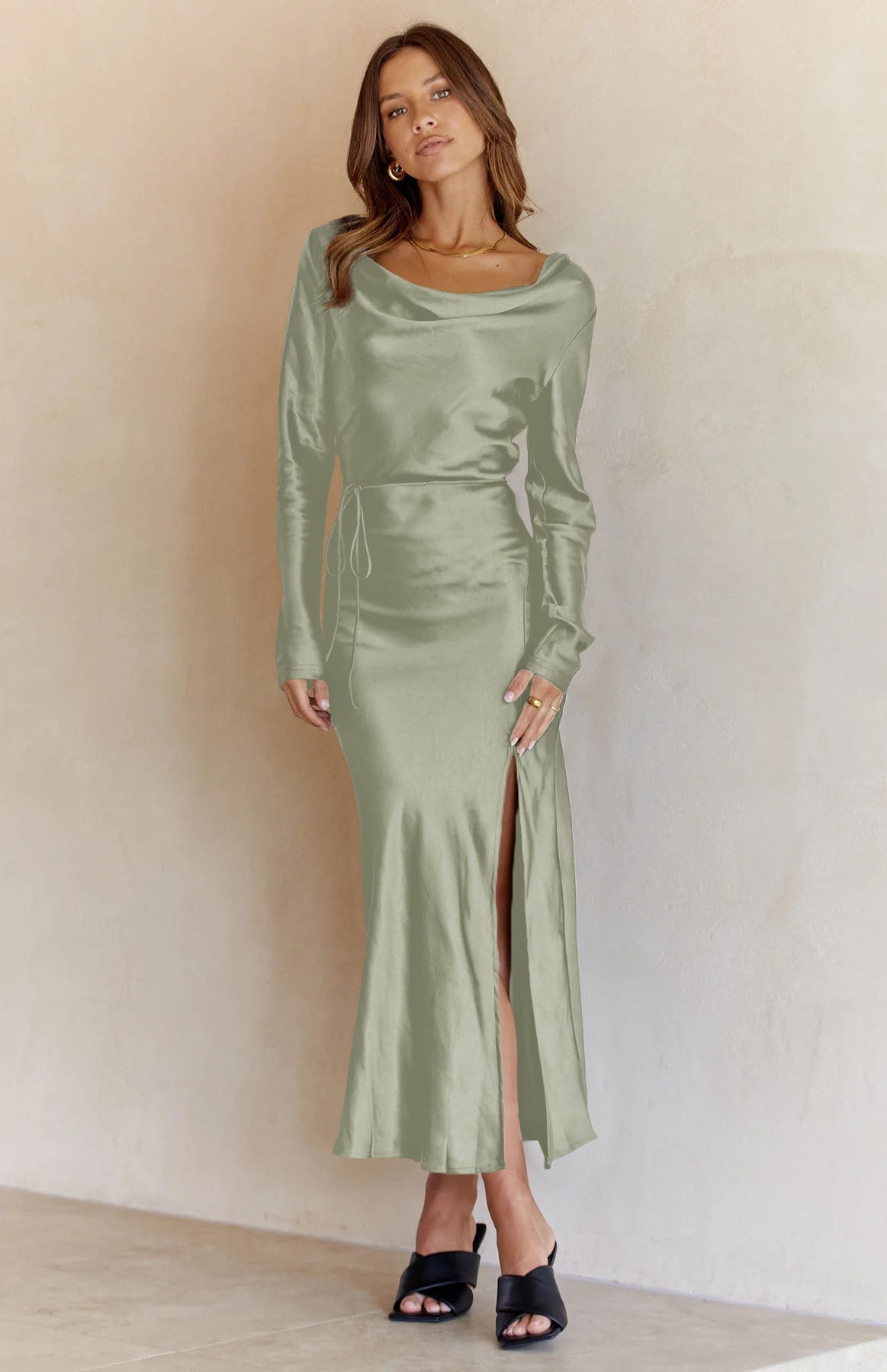 Black Drape Neck Tie Waist Long Sleeve Slit Dress