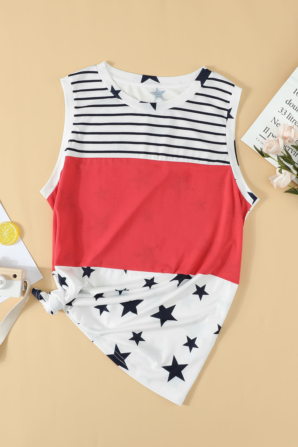 White Patriotic Stripes Stars Print Sleeveless Plus Size Top