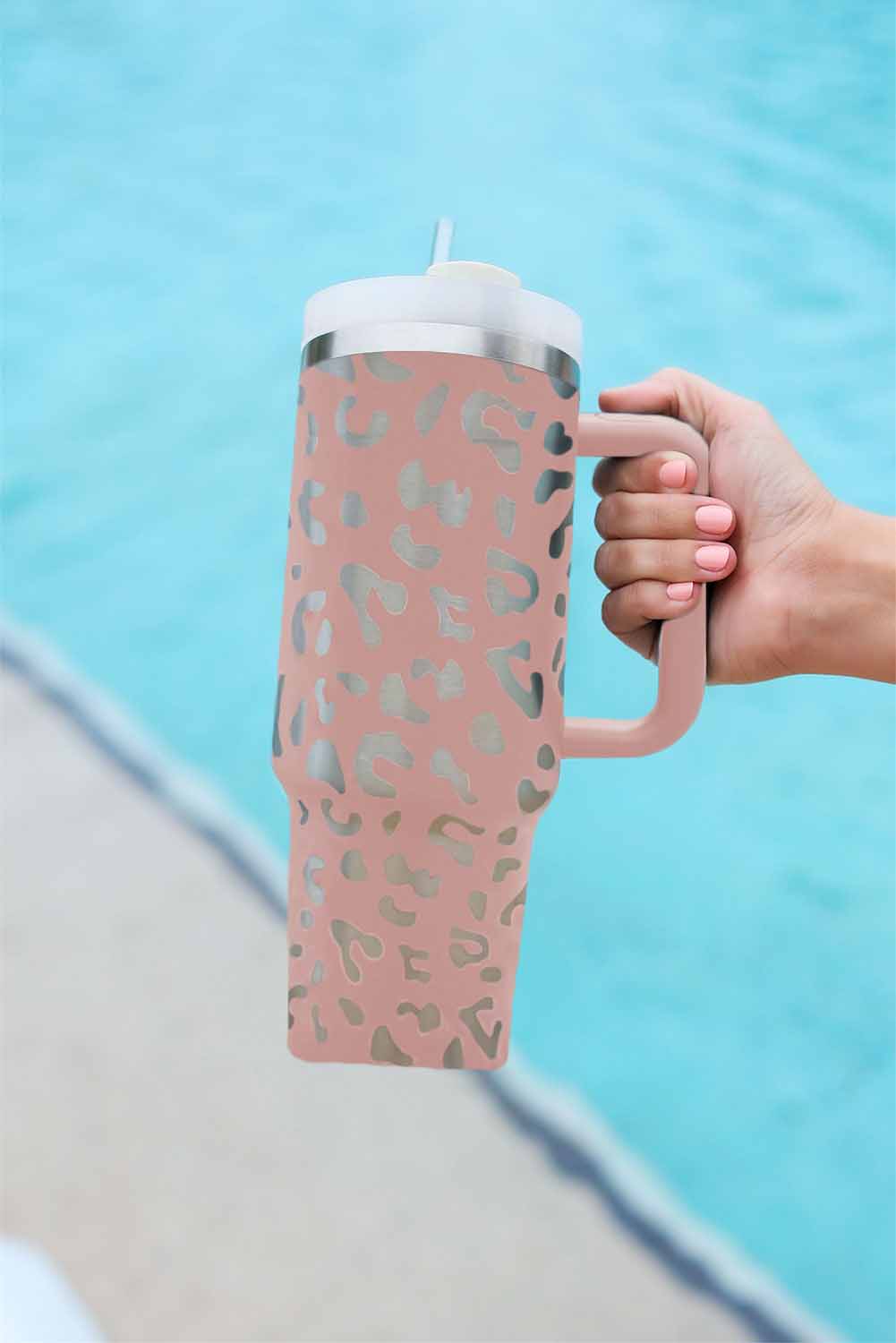 White Leopard Print 40OZ Stainless Steel Portable Cup with Handle