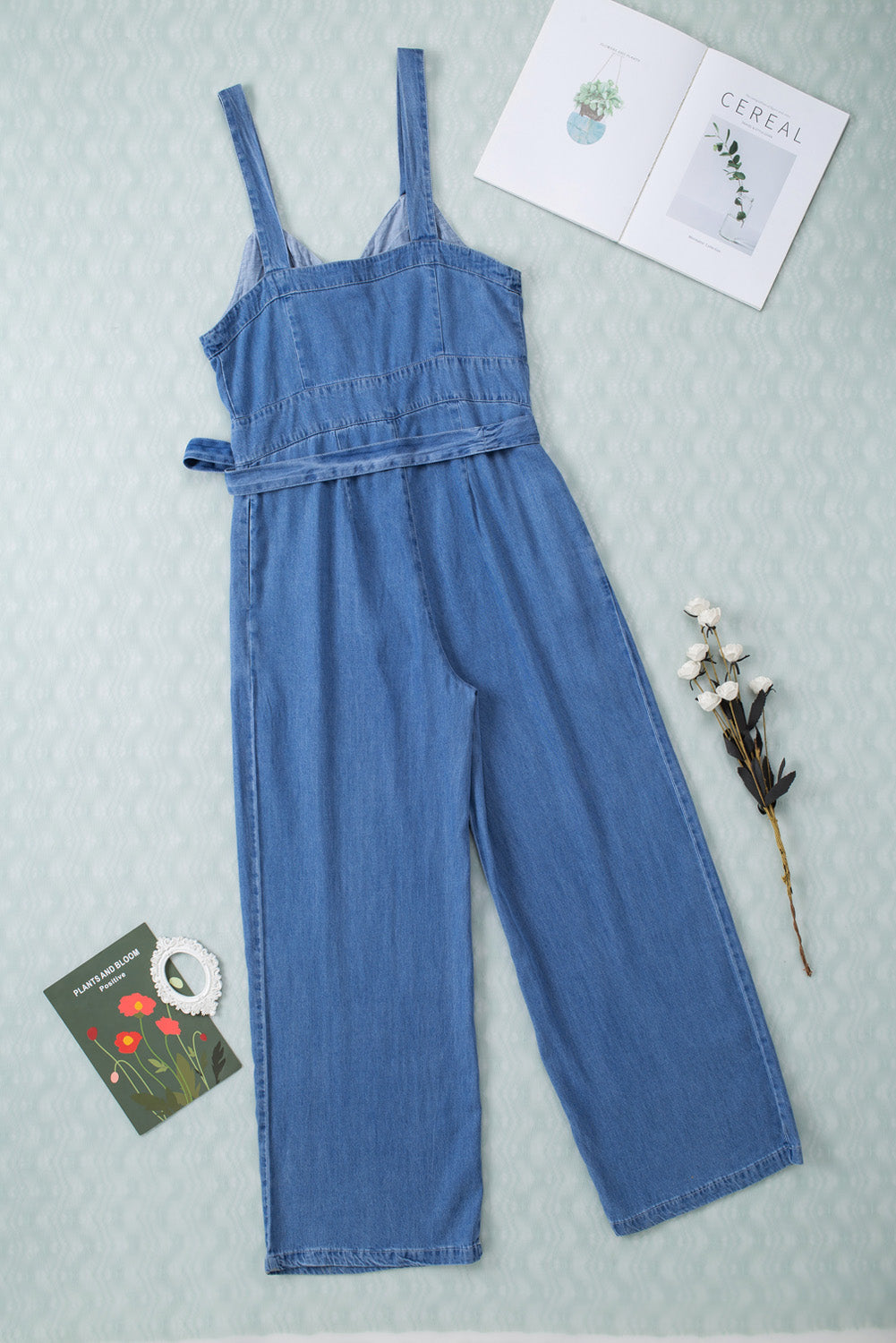 Sky Blue Buttoned Wide Leg Belted Chambray Strappy Jumpsuit