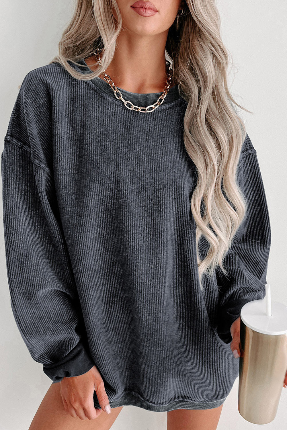 Gray Solid Ribbed Knit Round Neck Pullover Sweatshirt