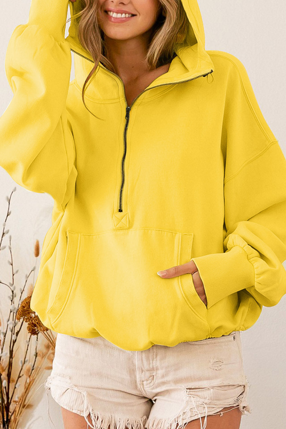 Gray Ribbed Trim Kangaroo Pocket Zipped Hoodie