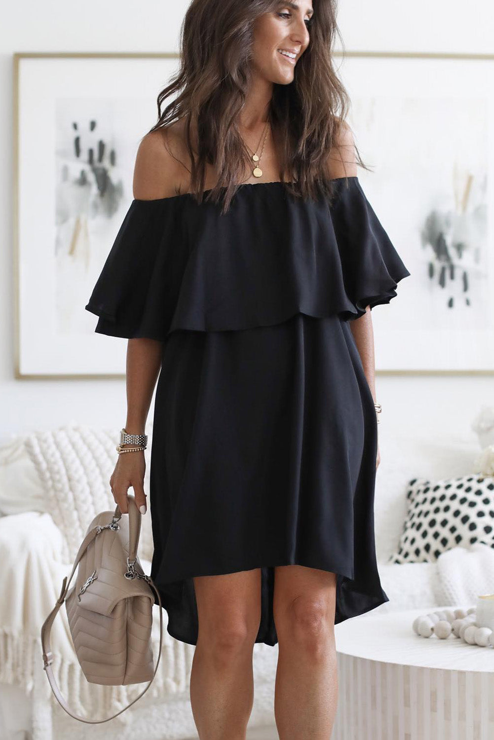 Black Off The Shoulder Ruffle Casual Shift Dress