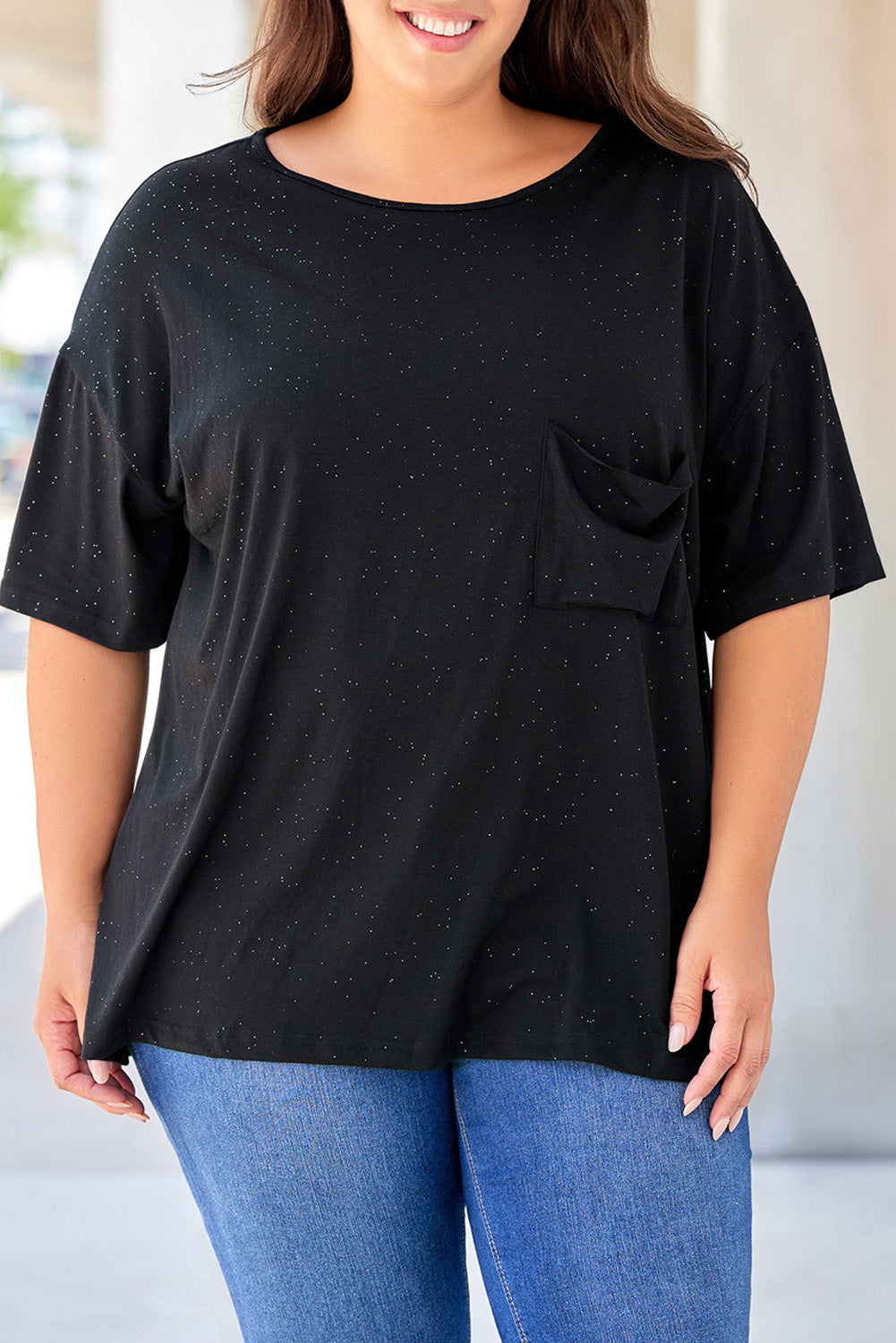 Black Splatter Allover Plus Size Pocketed T-shirt