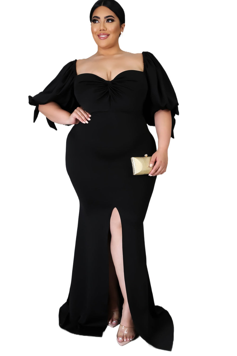 Black Bow Tie Puff Sleeve Plus Size High Slit Maxi Dress