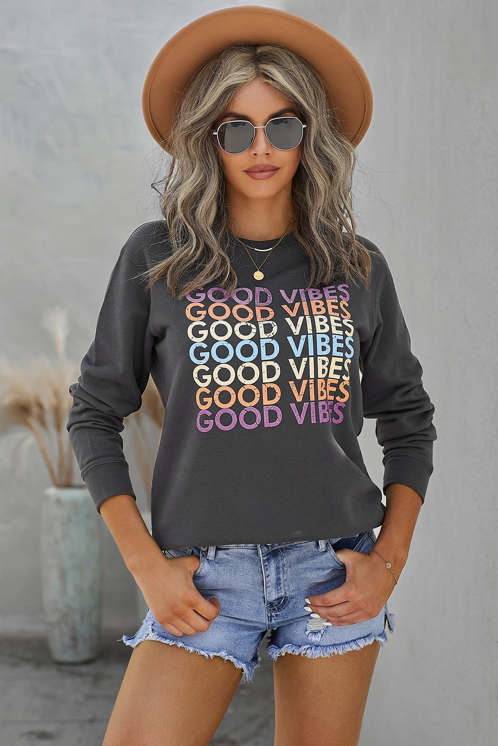 Gray GOOD VIBES Graphic Pullover Sweatshirt