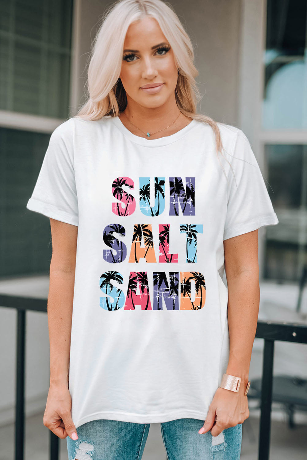 White Coconut Tree SUN SALT SAND Graphic Tee