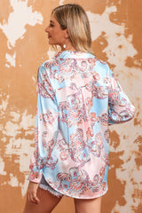 Sky Blue Boho Paisley Print Lantern Sleeve Button-Down Shirt