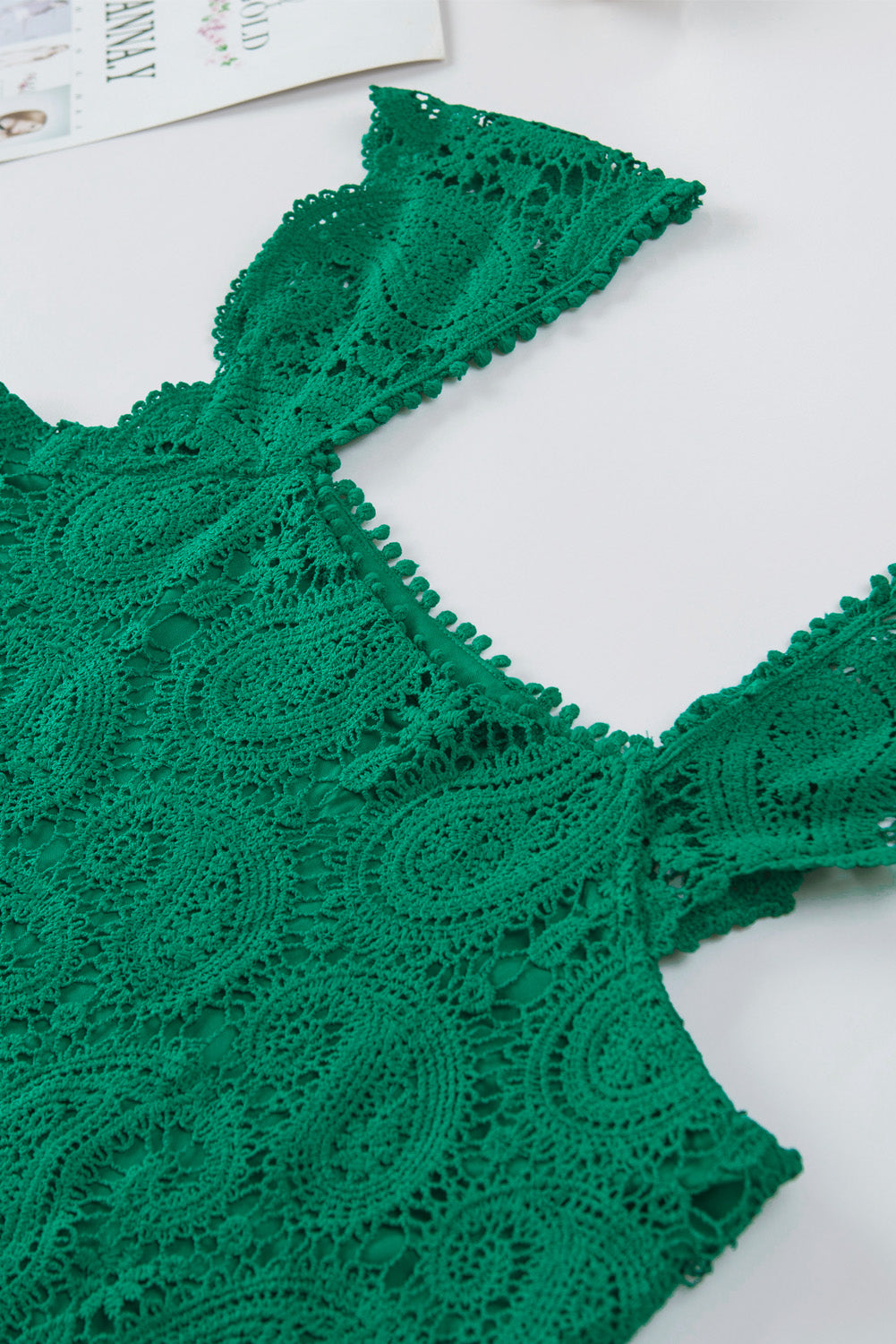 Green Lace Crochet Ruffled Square Neck Tank Top