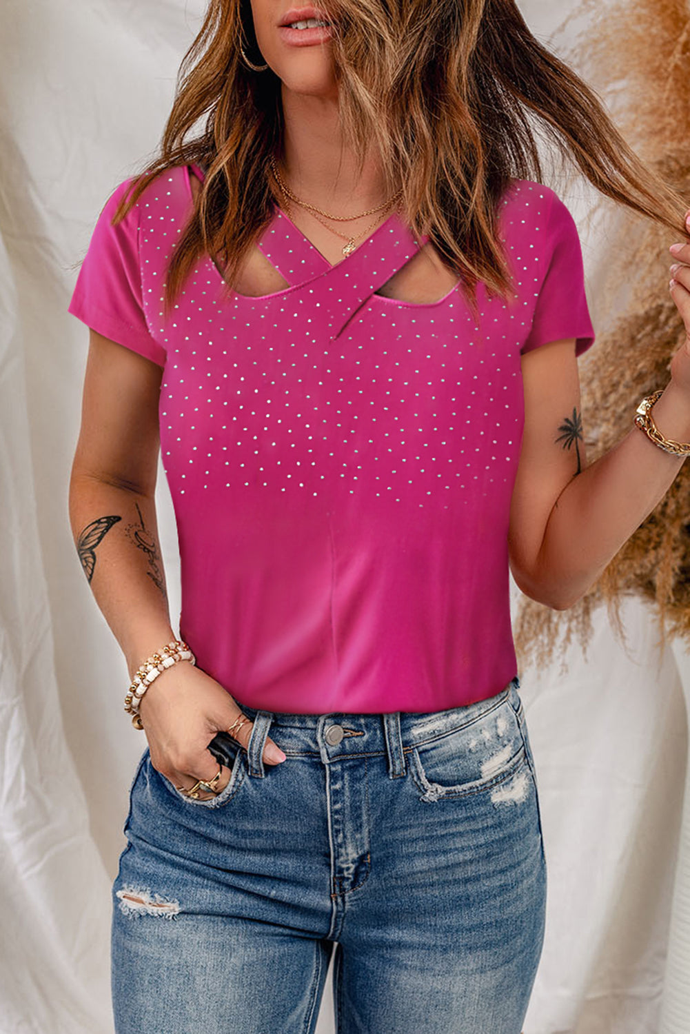 Rose Rhinestone Criss Cross Short Sleeve T Shirt