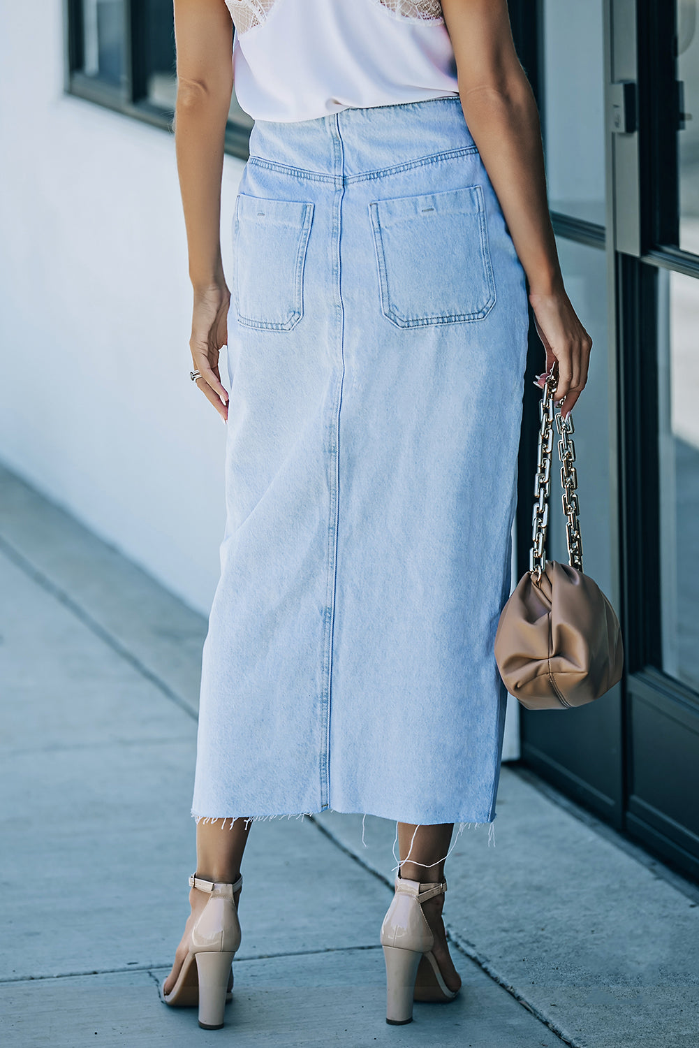 Sky Blue Buttoned Wrap Maxi Denim Skirt