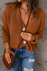 Brown V Neck Drop Shoulder Buttons Cardigan