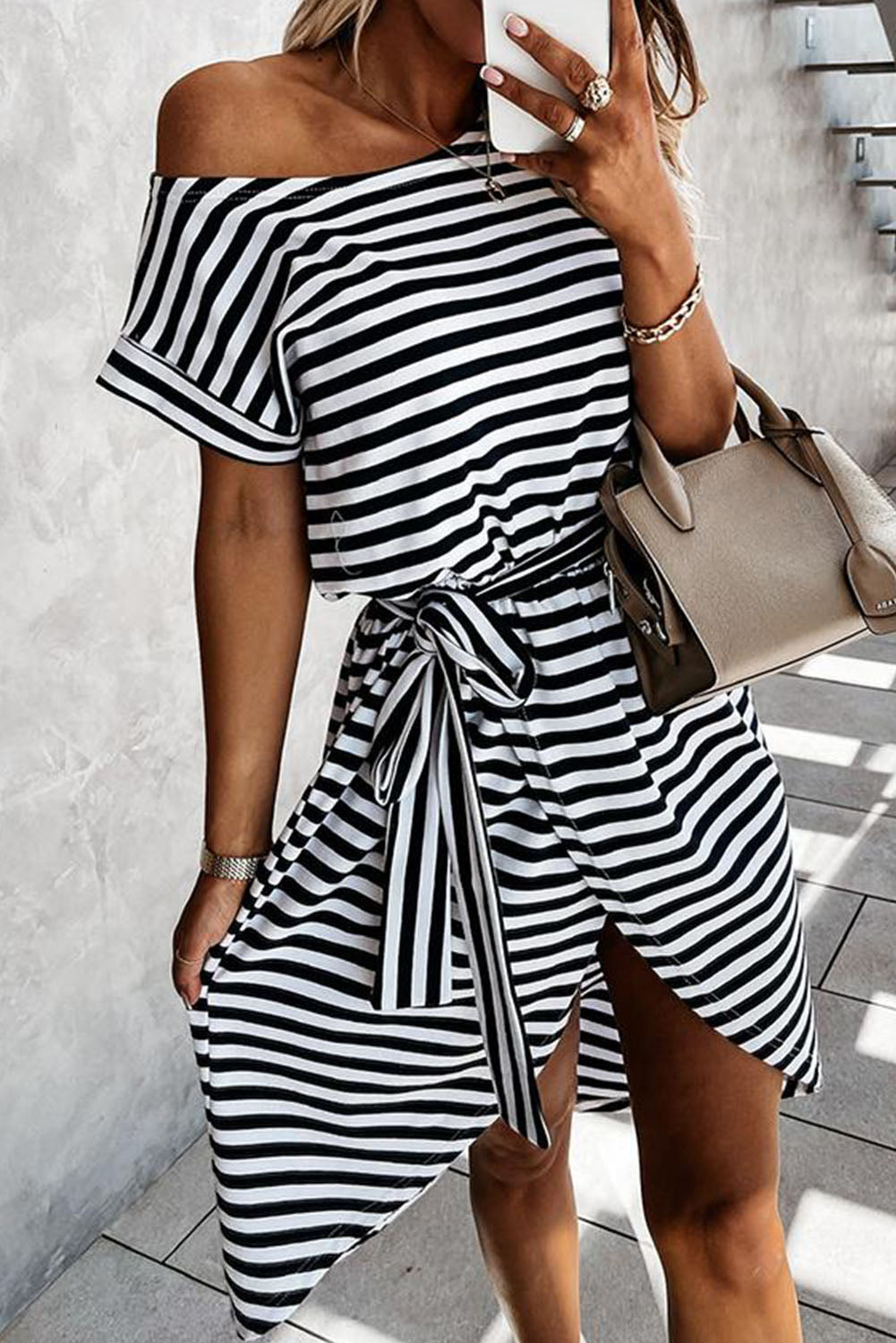 Black Stripe Short Sleeve Belted Wrapped Hemline T-Shirt Dress