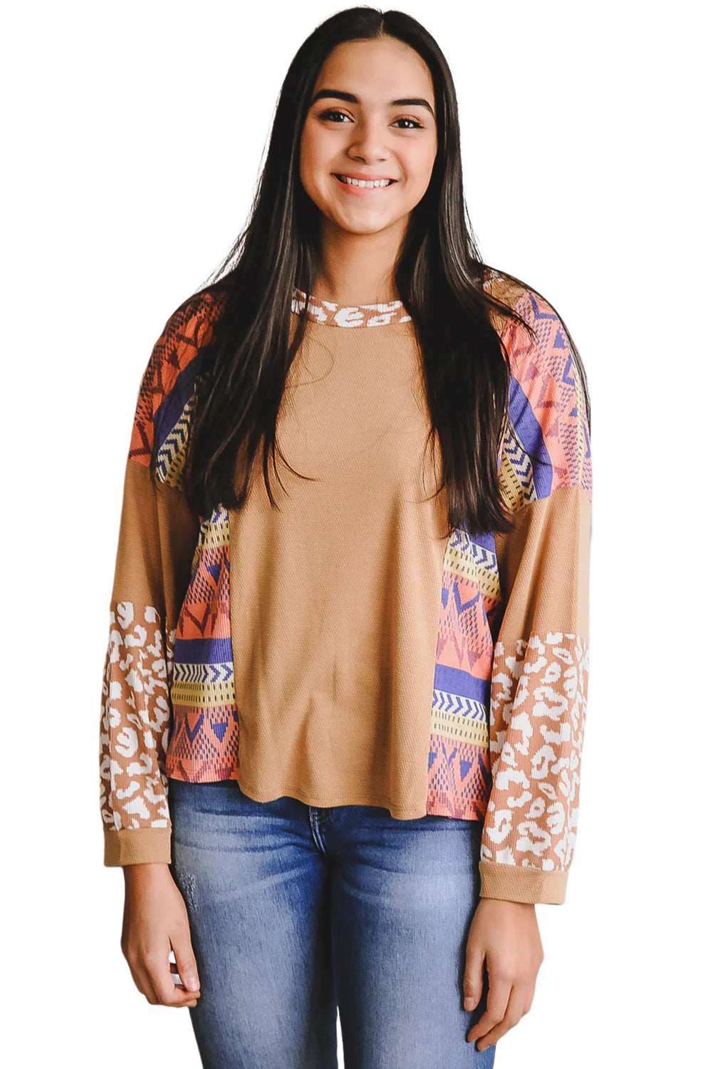 Multicolor Western Print Patchwork Long Sleeve Tee