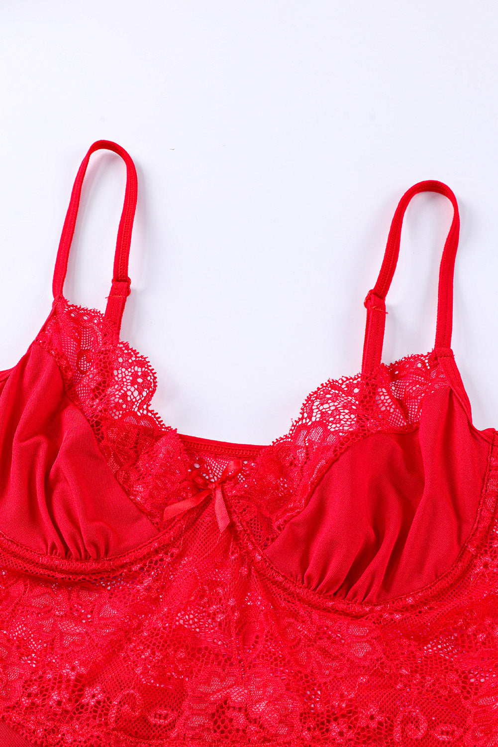 Red Lace Mesh Patchwork Bustier 3pcs Lingerie Set