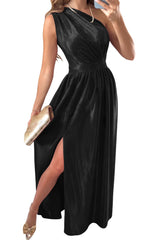 Black Shiny Velvet One Shoulder Long Split Dress