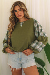 Green Plaid Patch Waffle Knit Exposed Seam Bubble Sleeve Top