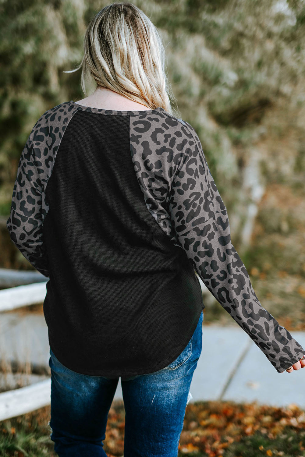 Black Leopard Raglan Sleeve Waffle Knit Plus Size Top