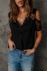 Black Lace Splicing Cold Shoulder T Shirt