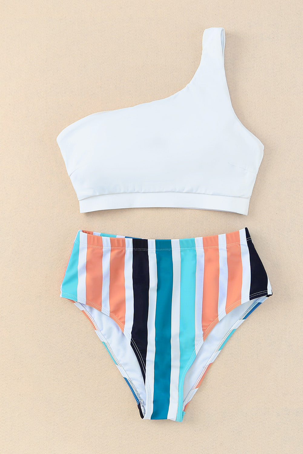 White One Shoulder Striped High Waist Two Pieces Swimsuit