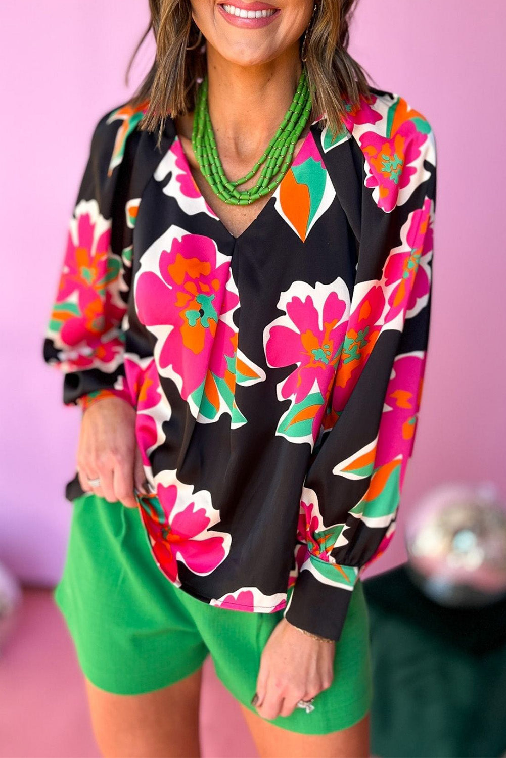 Black Flower Print Puff Sleeve Blouse