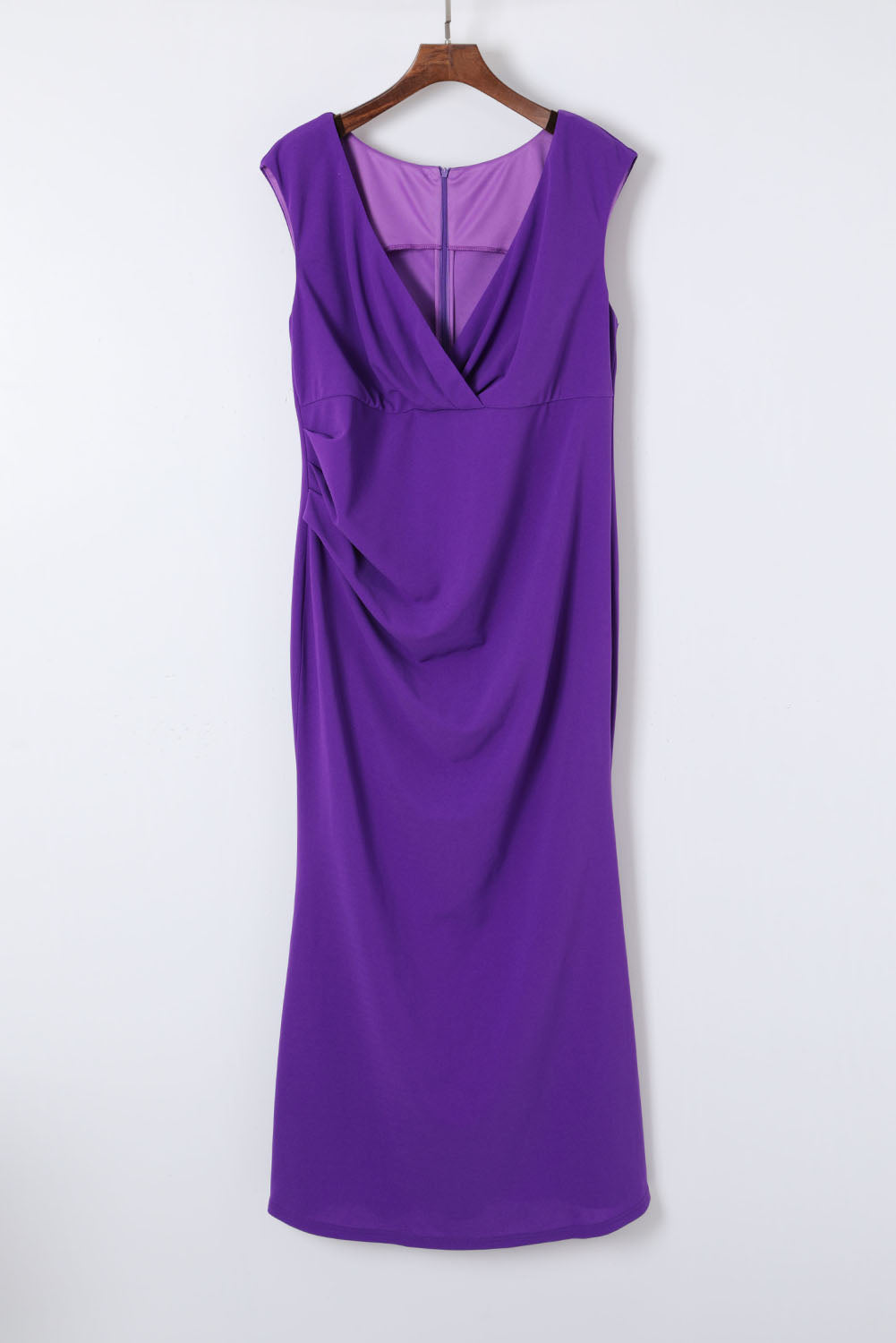 Purple Plus Size Fit and Flare Pleated V Neck Maxi Dress