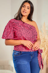 Pink Plus Slant One Shoulder Leopard Tie Drape Blouse