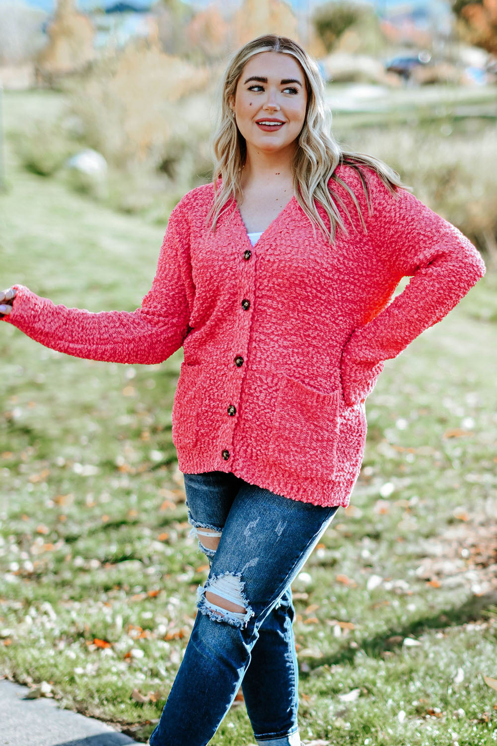 Red Plus Size Popcorn Buttons Cardigan