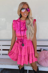 Rose Satin Leopard Tie Waist Frilled Sleeveless Dress