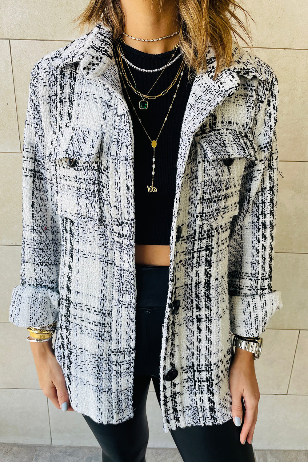 White Plaid Print Pocketed Shirt Jacket