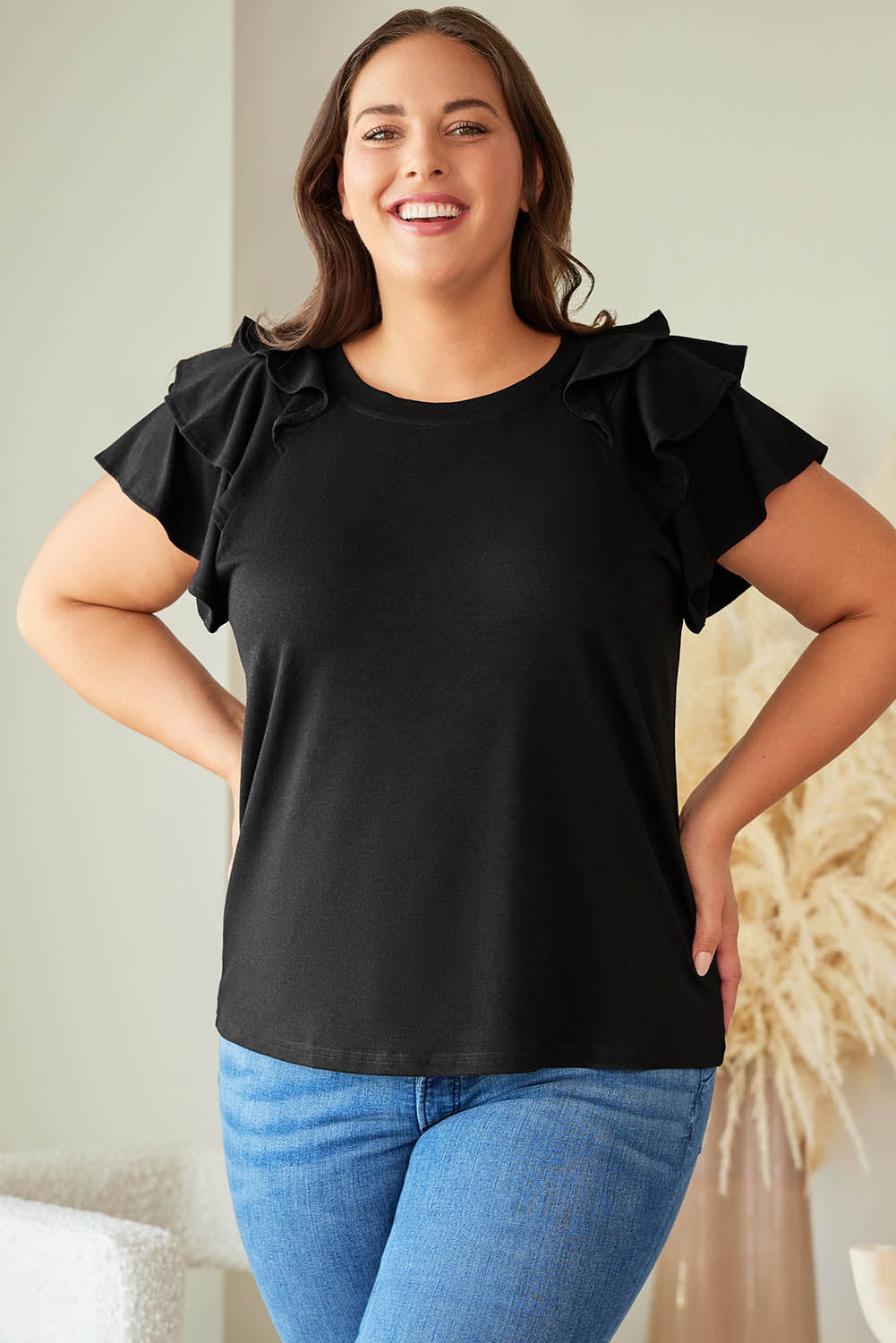 Black Plain Tiered Ruffled Short Sleeve T Shirt