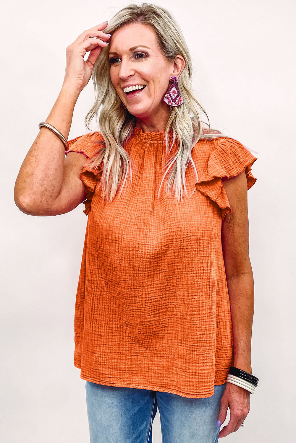 Rose Flutter Sleeve Frilled Neck Textured Blouse