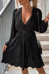 Black Surplice V Neck Pleated Midi Dress with Belt