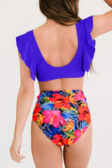 Blue Floral Ruffled Hem High Waist Bikini Set