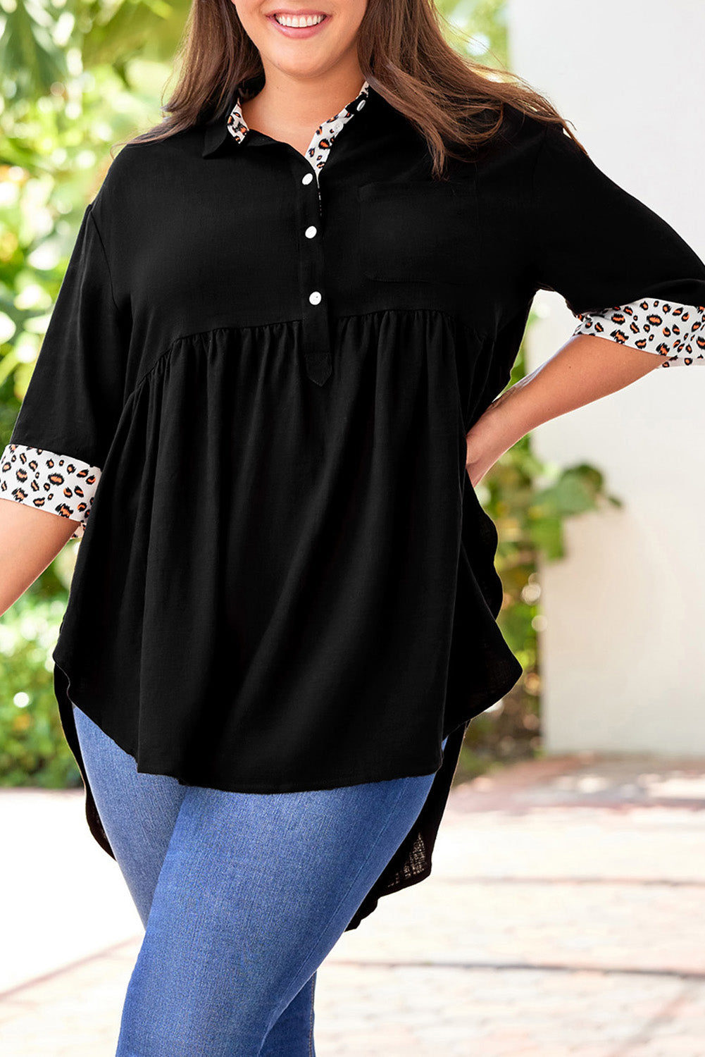 Black Plus Size Leopard Trim Frayed Babydoll Top