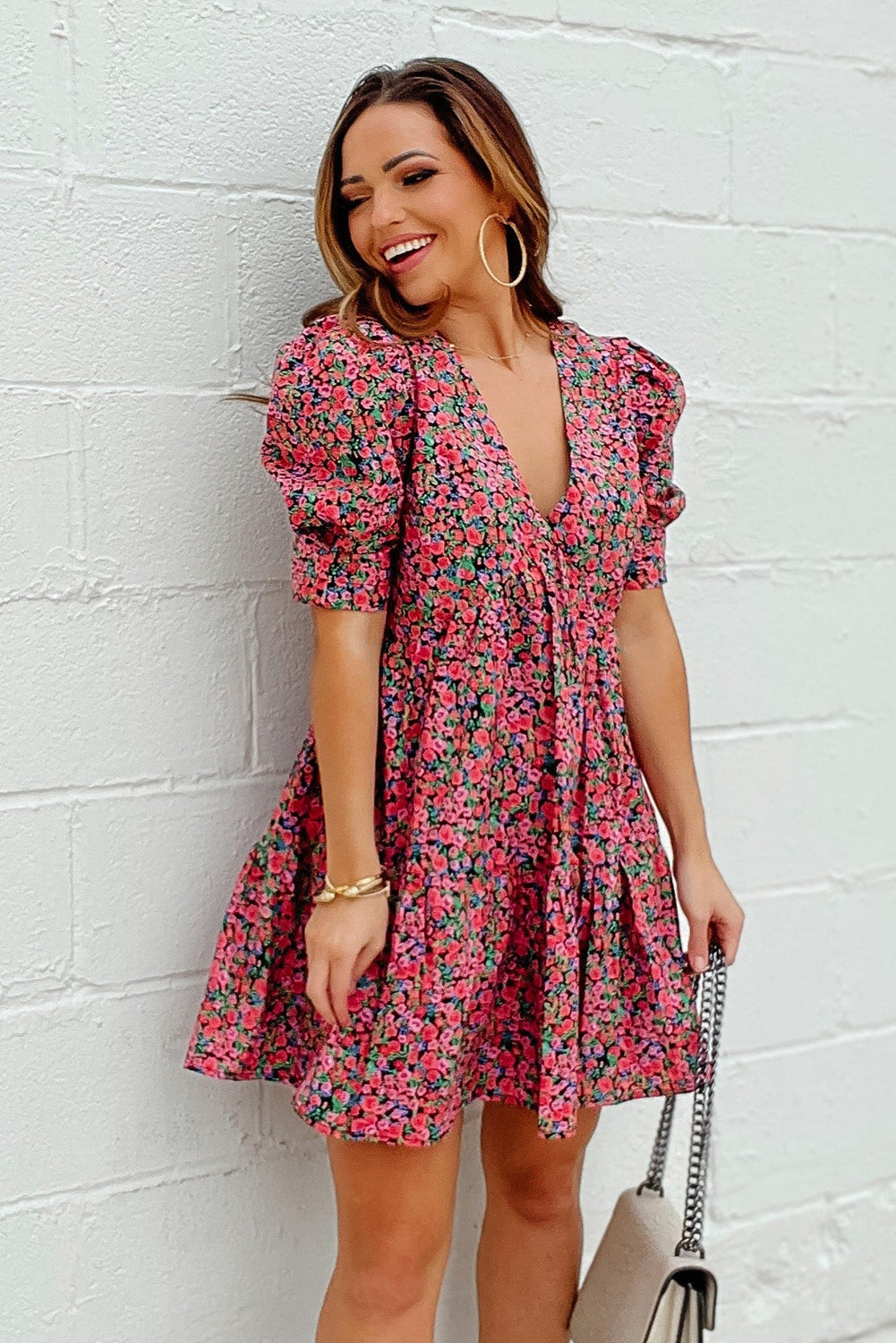 Red Vintage Puff Sleeve Side Pockets Floral Dress