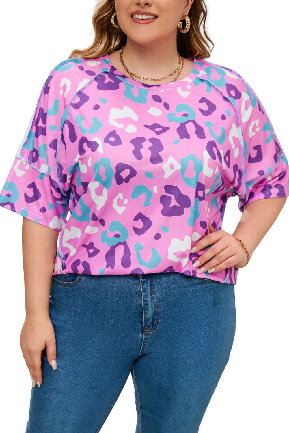 Purple Leopard Kiss Print Plus Size Short Sleeve Tee