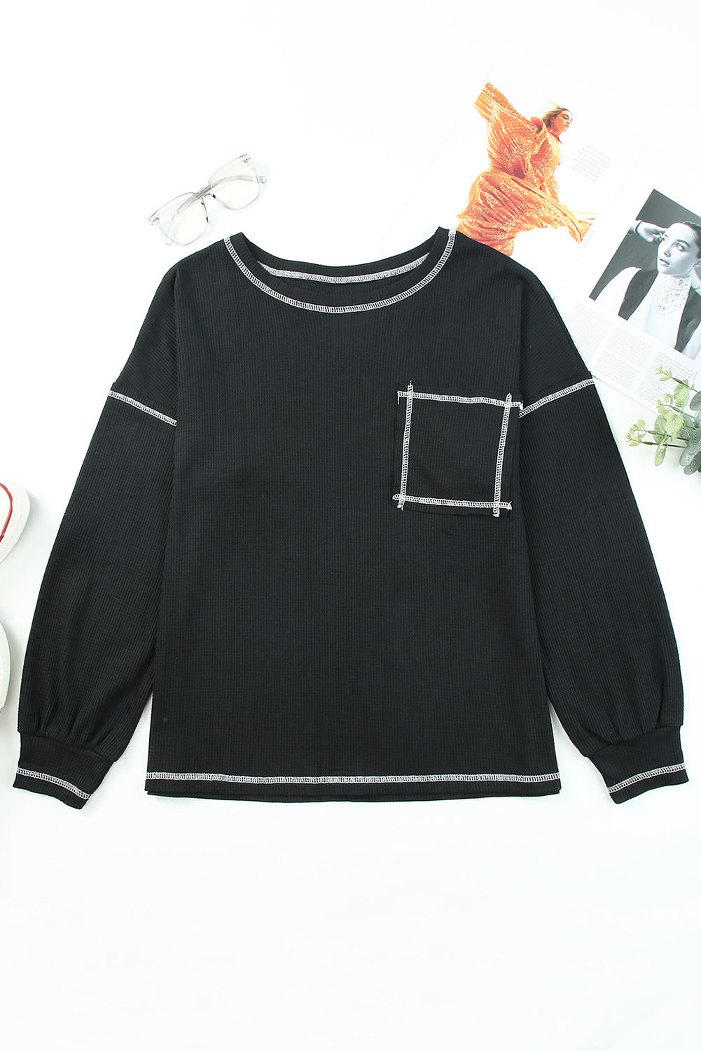 Contrast Stitching Trim Waffle Knit Pullover