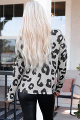 Gray Leopard Print Loose Fit Long Sleeve Top