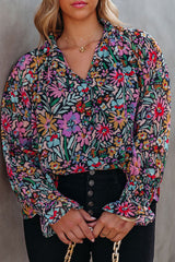 Multicolour Plus Size Floral Smocked Cuffs V-Neck Blouse